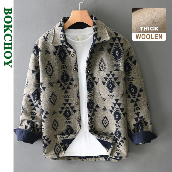 2024 Autumn Winter New Vintage Loose Printed Wool Shirts for Men Clothing Cargo Big Pockets Men Shirts AZT738